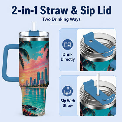 #pl[40oz|Blue] Tropical City Beach 40oz Tumbler with Sunset Skyline Art for Travelers