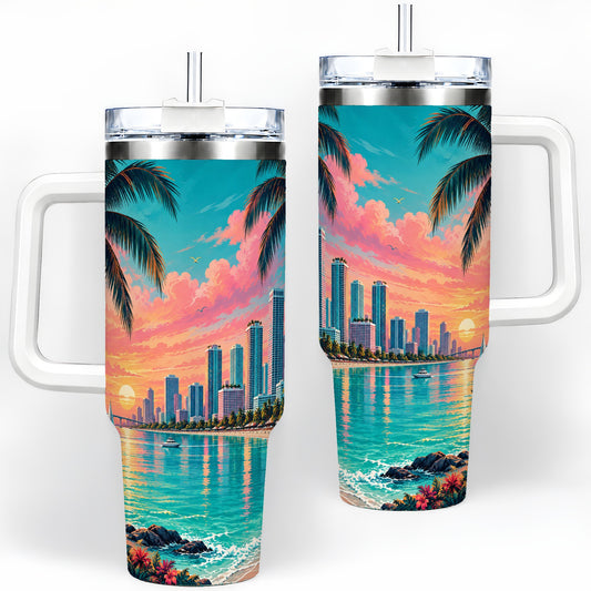 Tropical City Beach 40oz Tumbler with Sunset Skyline Art for Travelers