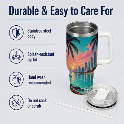 Tropical City Beach 40oz Tumbler with Sunset Skyline Art for Travelers