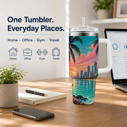 Tropical City Beach 40oz Tumbler with Sunset Skyline Art for Travelers