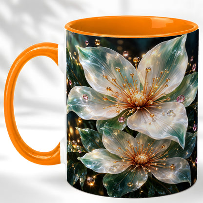 #pl[11oz|Orange] Glass Flower Coffee Mug, Teal Crystal Floral Mug, Ceramic Cup
