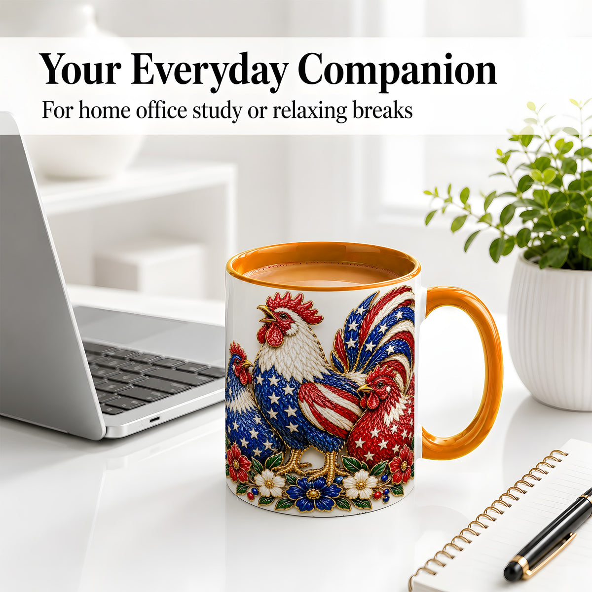 #pl[11oz|Orange] Patriotic Rooster and Hens Ceramic Mug for Farmhouse Decor