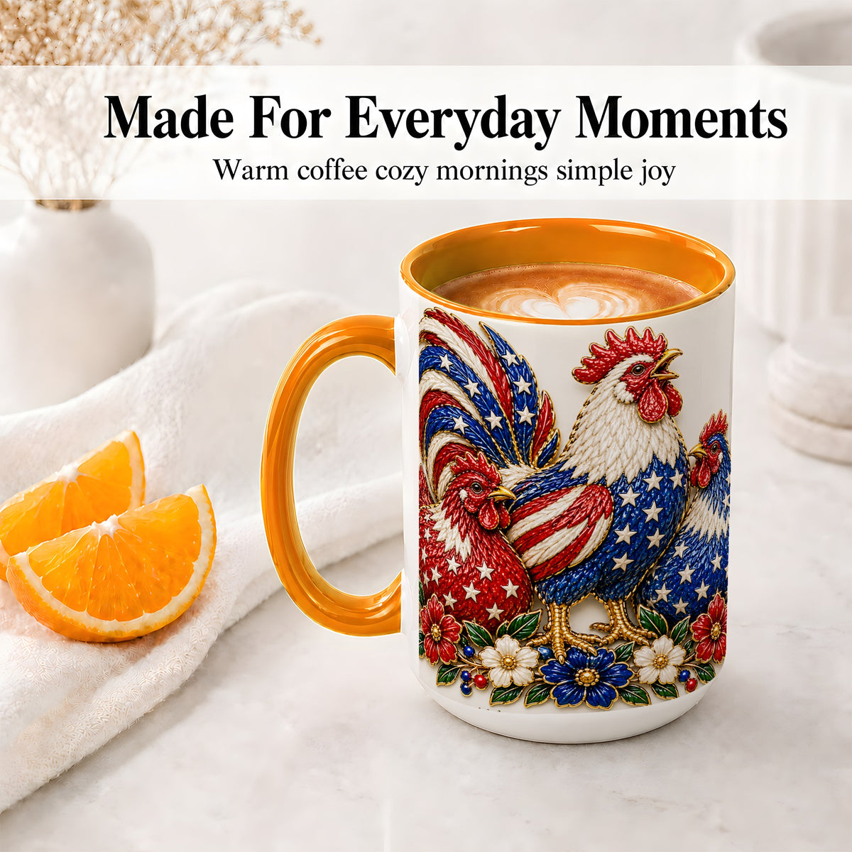 #pl[15oz|Orange] Patriotic Rooster and Hens Ceramic Mug for Farmhouse Decor