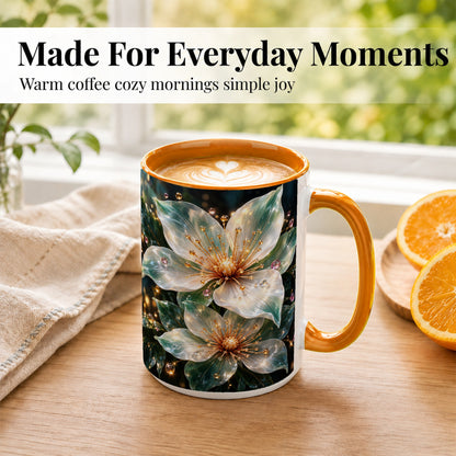 #pl[15oz|Orange] Glass Flower Coffee Mug, Teal Crystal Floral Mug, Ceramic Cup