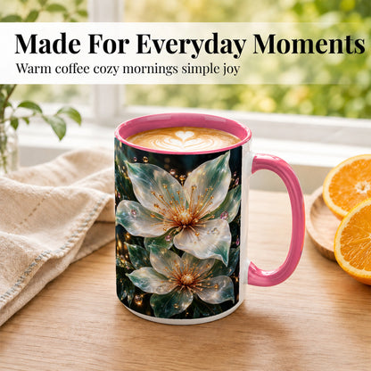 #pl[15oz|Pink] Glass Flower Coffee Mug, Teal Crystal Floral Mug, Ceramic Cup