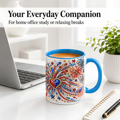 #pl[11oz|Blue] Patriotic Gem Heart Fireworks Ceramic Mug for Celebration Decor
