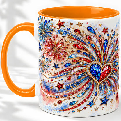#pl[11oz|Orange] Patriotic Gem Heart Fireworks Ceramic Mug for Celebration Decor