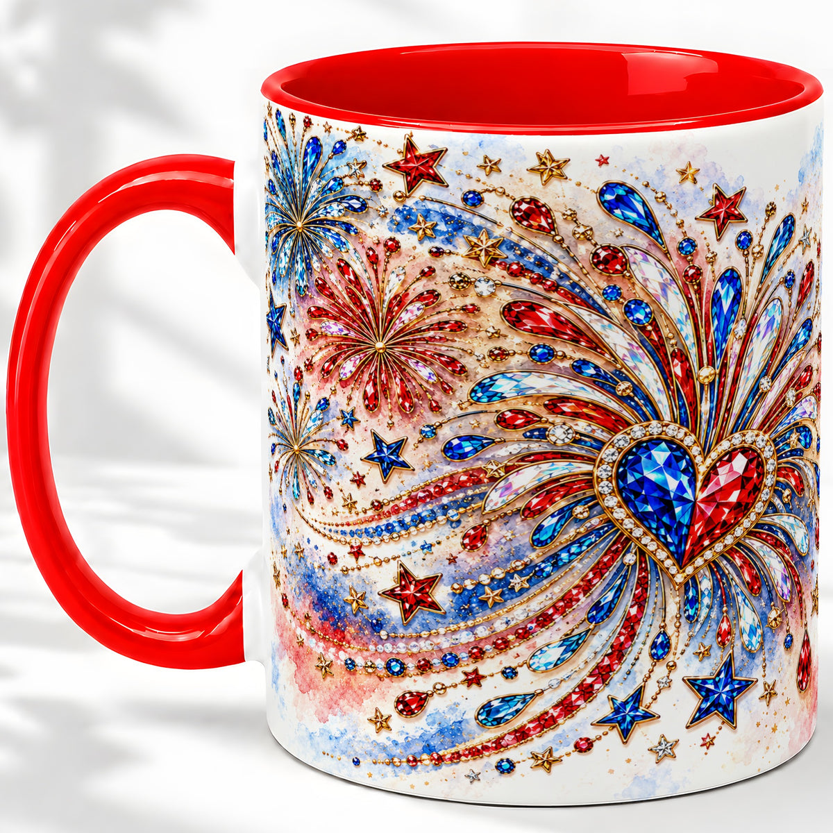 Patriotic Gem Heart Fireworks Ceramic Mug for Celebration Decor