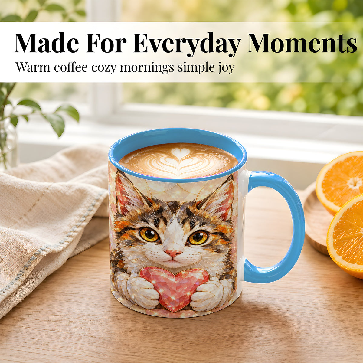 #pl[11oz|Blue] Calico Cat Coffee Mug, Crystal Kitten Heart Mug, Ceramic Cup