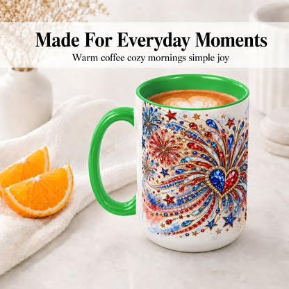 #pl[15oz|Green] Patriotic Gem Heart Fireworks Ceramic Mug for Celebration Decor