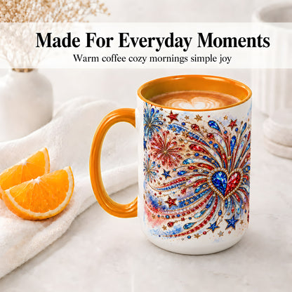 #pl[15oz|Orange] Patriotic Gem Heart Fireworks Ceramic Mug for Celebration Decor