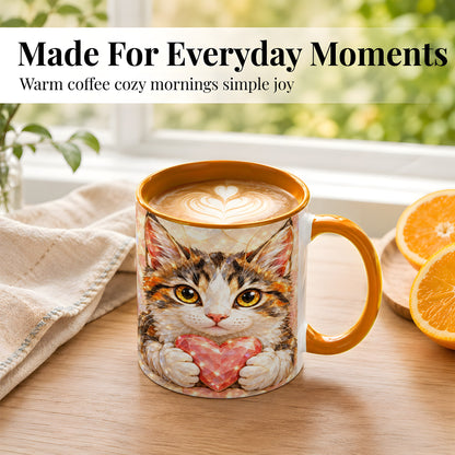 #pl[11oz|Orange] Calico Cat Coffee Mug, Crystal Kitten Heart Mug, Ceramic Cup