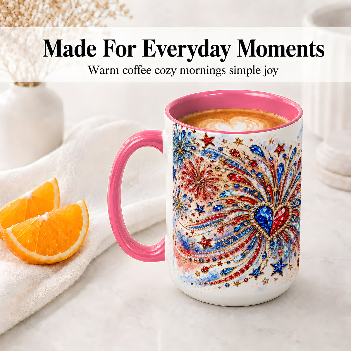 #pl[15oz|Pink] Patriotic Gem Heart Fireworks Ceramic Mug for Celebration Decor