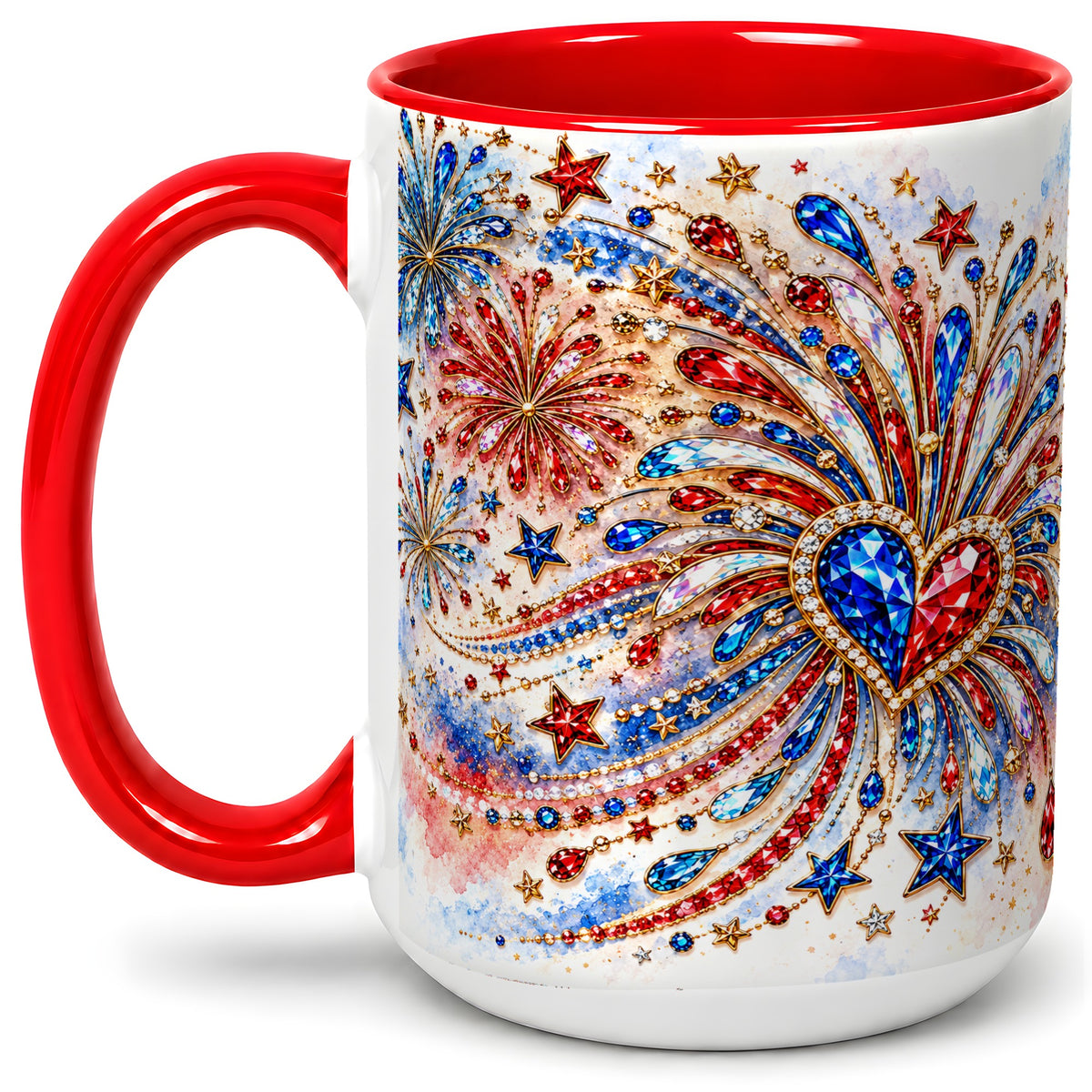 #pl[15oz|Red] Patriotic Gem Heart Fireworks Ceramic Mug for Celebration Decor
