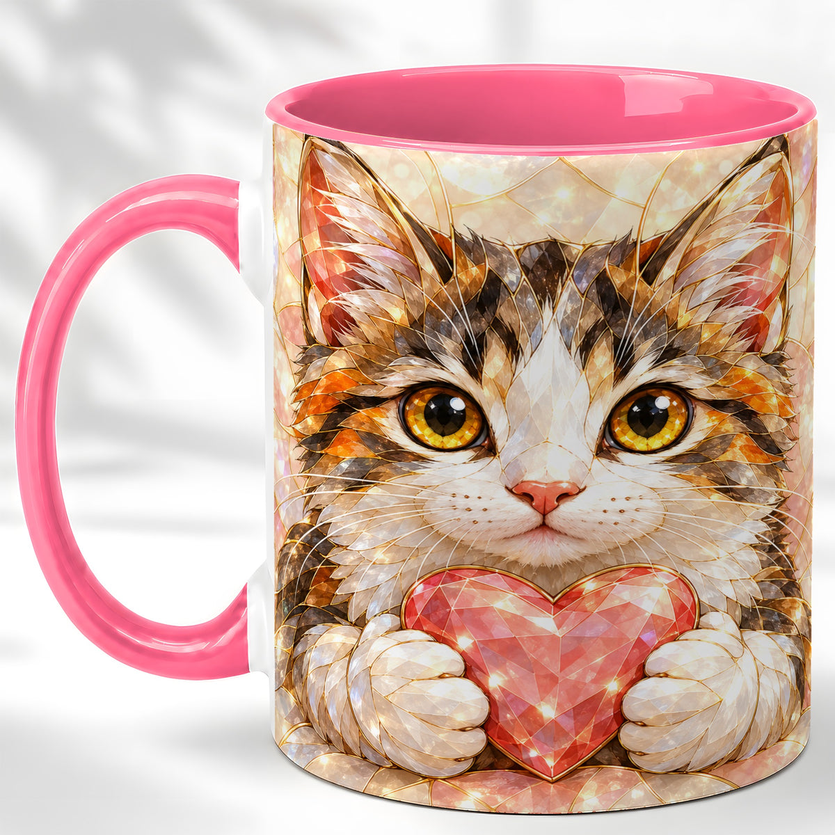 #pl[11oz|Pink] Calico Cat Coffee Mug, Crystal Kitten Heart Mug, Ceramic Cup