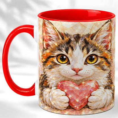Calico Cat Coffee Mug, Crystal Kitten Heart Mug, Ceramic Cup
