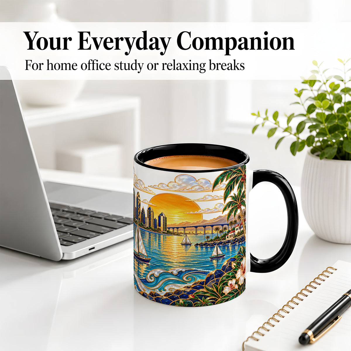 #pl[11oz|Black] Coastal Sunset Skyline Sailboats Ceramic Mug for Ocean Lovers