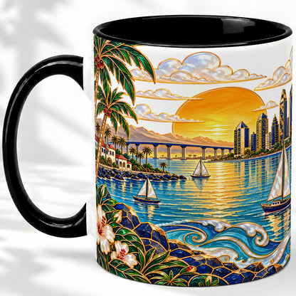 #pl[11oz|Black] Coastal Sunset Skyline Sailboats Ceramic Mug for Ocean Lovers
