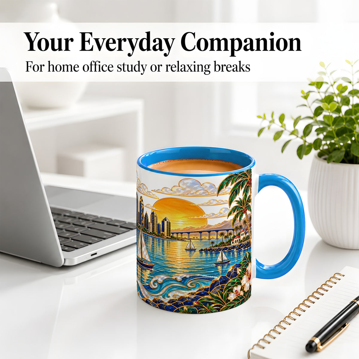 #pl[11oz|Blue] Coastal Sunset Skyline Sailboats Ceramic Mug for Ocean Lovers