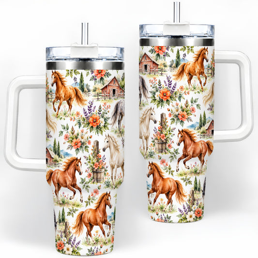 Watercolor Horse Farm 40oz Handled Tumbler with Barn and Floral Artwork