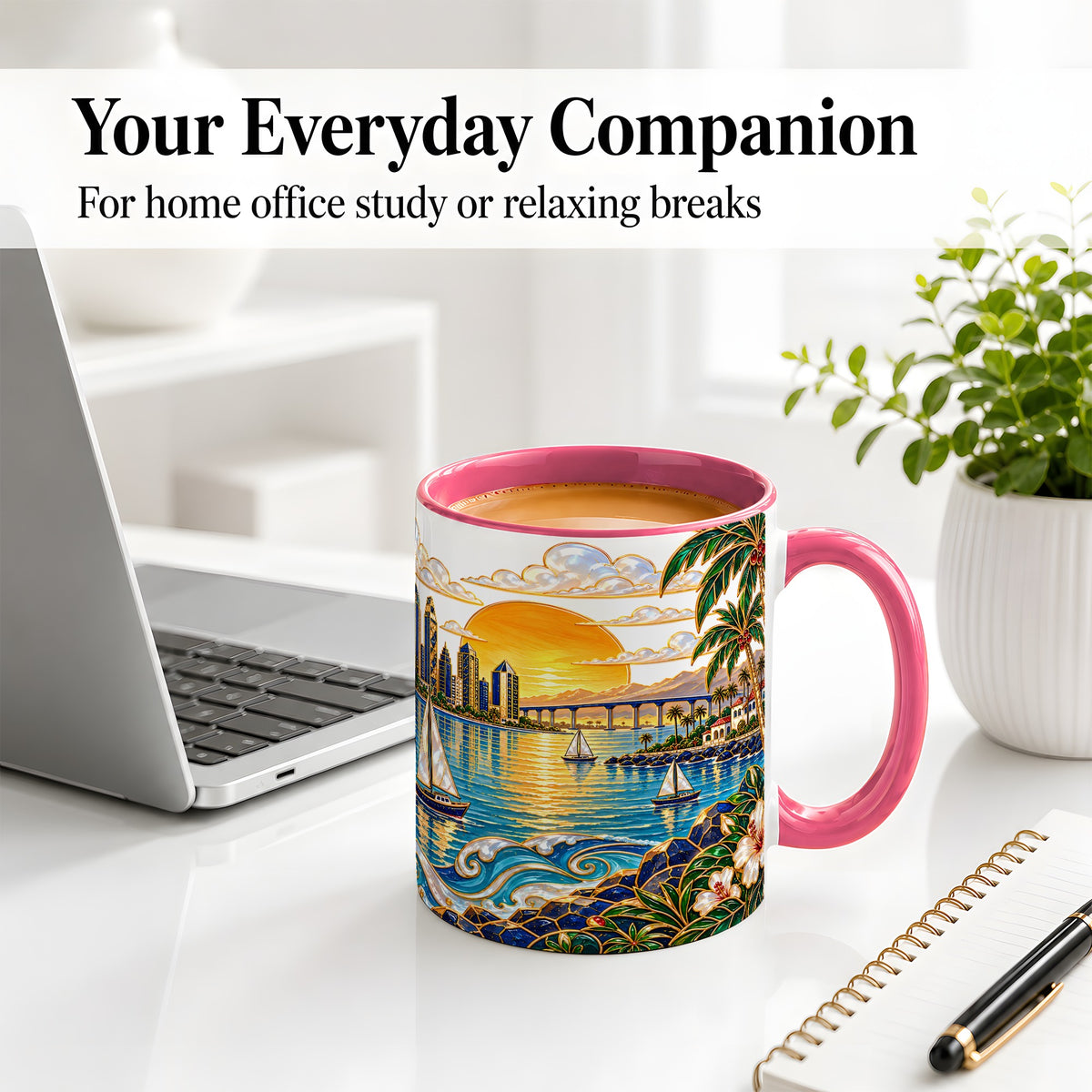 #pl[11oz|Pink] Coastal Sunset Skyline Sailboats Ceramic Mug for Ocean Lovers