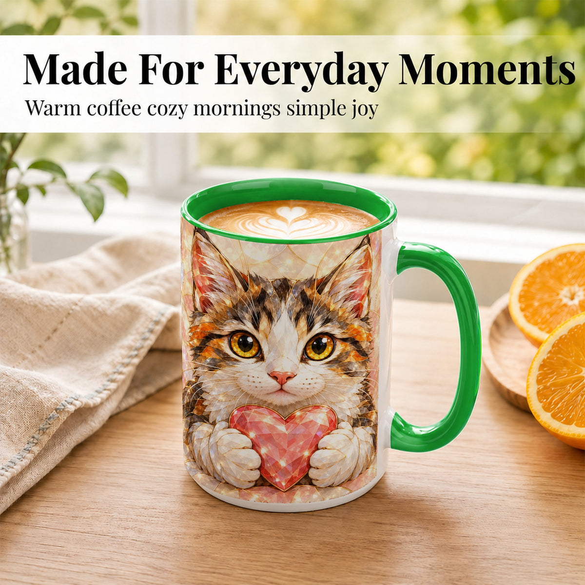 #pl[15oz|Green] Calico Cat Coffee Mug, Crystal Kitten Heart Mug, Ceramic Cup