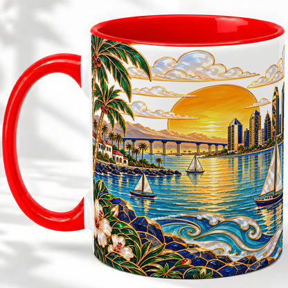 Coastal Sunset Skyline Sailboats Ceramic Mug for Ocean Lovers