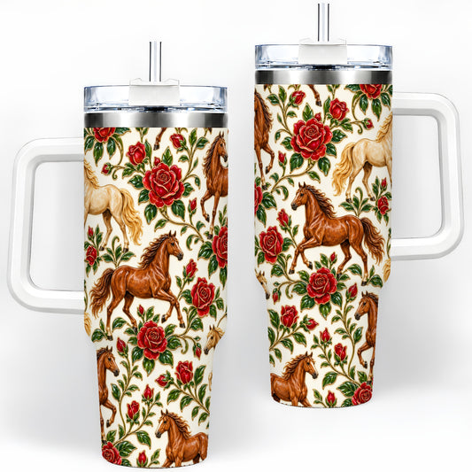 Rose Horse Pattern 40oz Handled Tumbler with Red Floral Equestrian Art