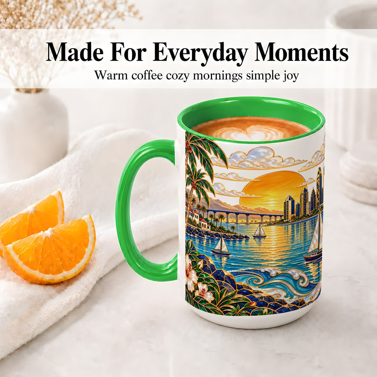 #pl[15oz|Green] Coastal Sunset Skyline Sailboats Ceramic Mug for Ocean Lovers