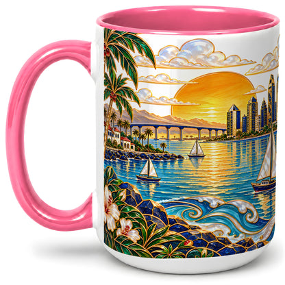 #pl[15oz|Pink] Coastal Sunset Skyline Sailboats Ceramic Mug for Ocean Lovers