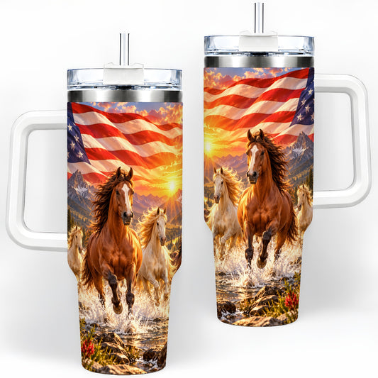 Patriotic Horse Herd 40oz Handled Tumbler with Mountain Flag Artwork