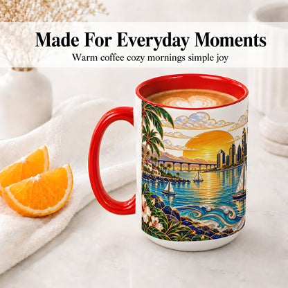 #pl[15oz|Red] Coastal Sunset Skyline Sailboats Ceramic Mug for Ocean Lovers