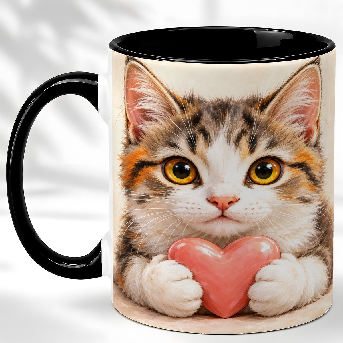 #pl[11oz|Black] Fluffy Cat Coffee Mug, Calico Kitten Heart Mug, Ceramic Cup