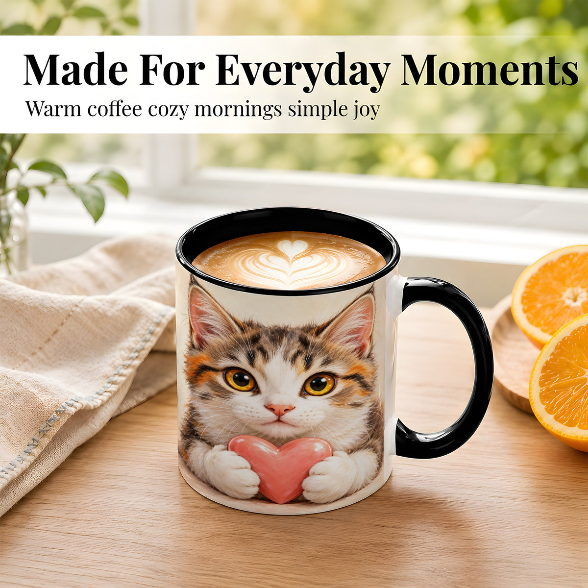 #pl[11oz|Black] Fluffy Cat Coffee Mug, Calico Kitten Heart Mug, Ceramic Cup