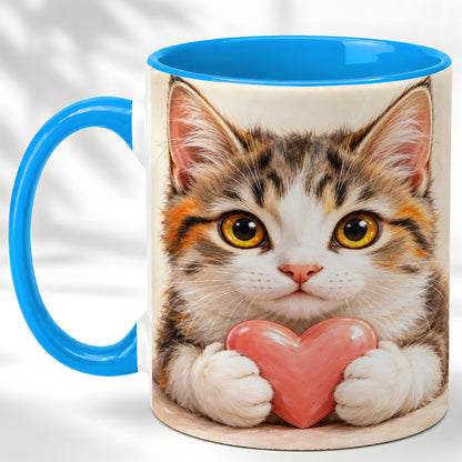 #pl[11oz|Blue] Fluffy Cat Coffee Mug, Calico Kitten Heart Mug, Ceramic Cup