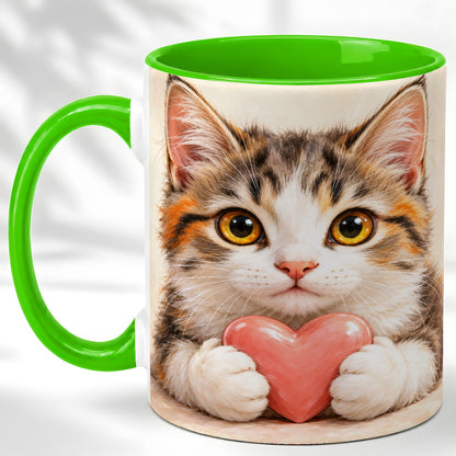 #pl[11oz|Green] Fluffy Cat Coffee Mug, Calico Kitten Heart Mug, Ceramic Cup