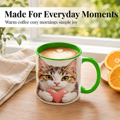 #pl[11oz|Green] Fluffy Cat Coffee Mug, Calico Kitten Heart Mug, Ceramic Cup