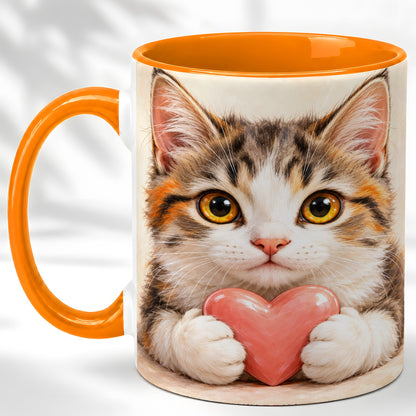 #pl[11oz|Orange] Fluffy Cat Coffee Mug, Calico Kitten Heart Mug, Ceramic Cup