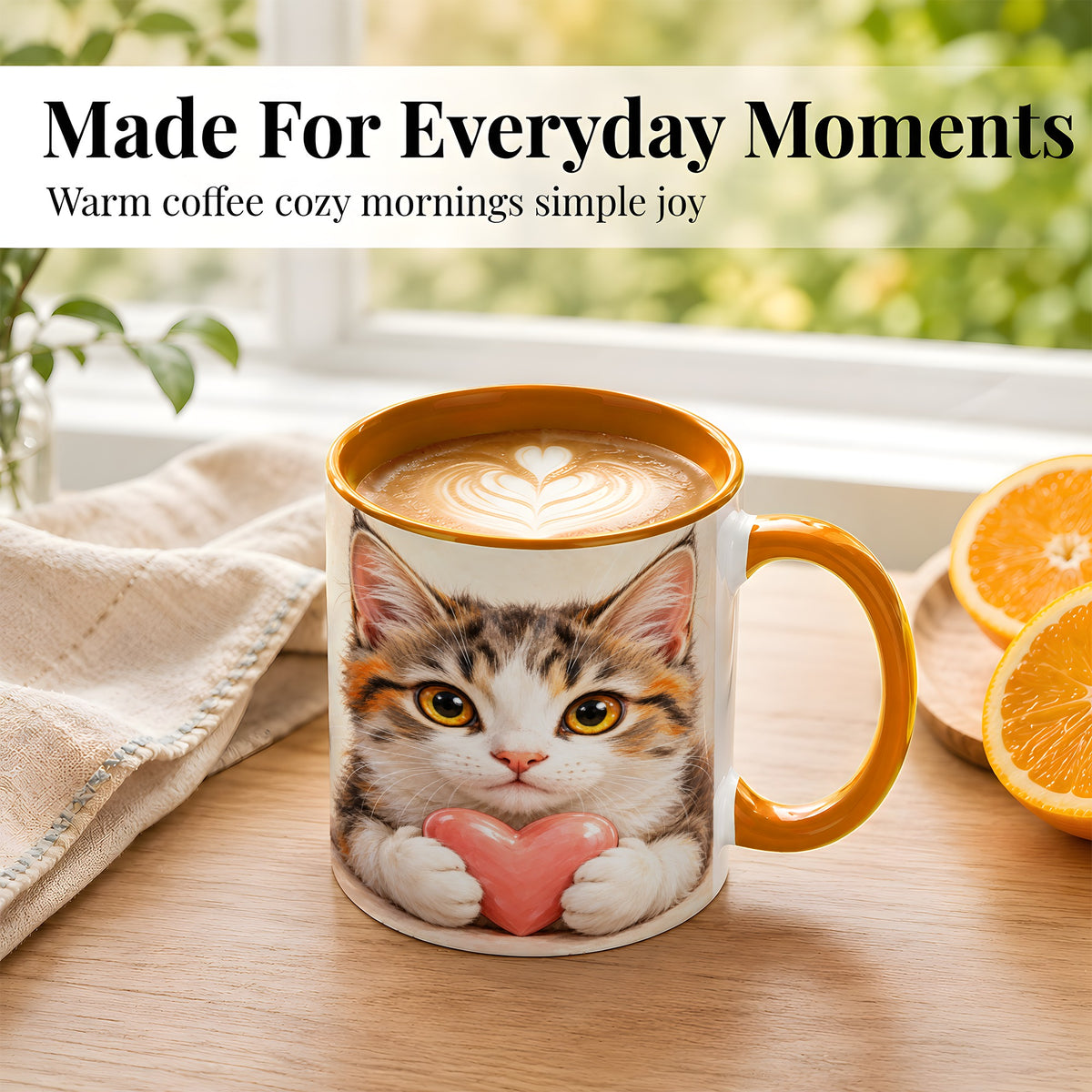 #pl[11oz|Orange] Fluffy Cat Coffee Mug, Calico Kitten Heart Mug, Ceramic Cup
