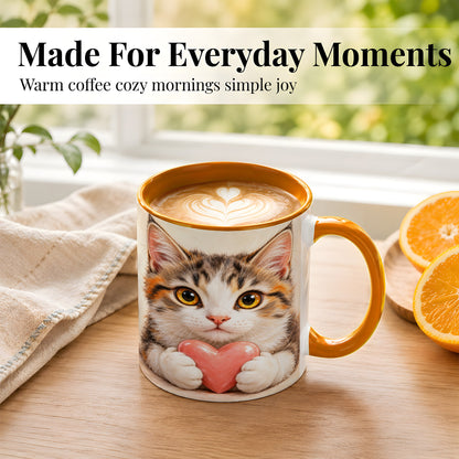 #pl[11oz|Orange] Fluffy Cat Coffee Mug, Calico Kitten Heart Mug, Ceramic Cup
