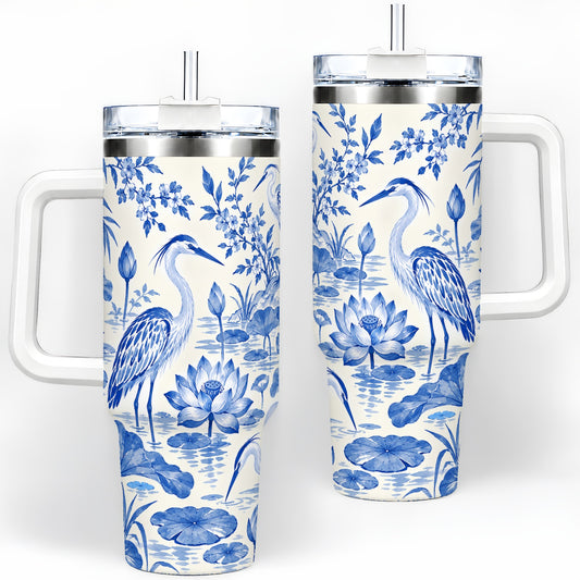 Blue Heron Lotus 40oz Handled Tumbler with Pond and Botanical Artwork