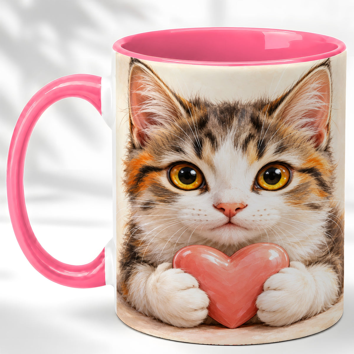 #pl[11oz|Pink] Fluffy Cat Coffee Mug, Calico Kitten Heart Mug, Ceramic Cup