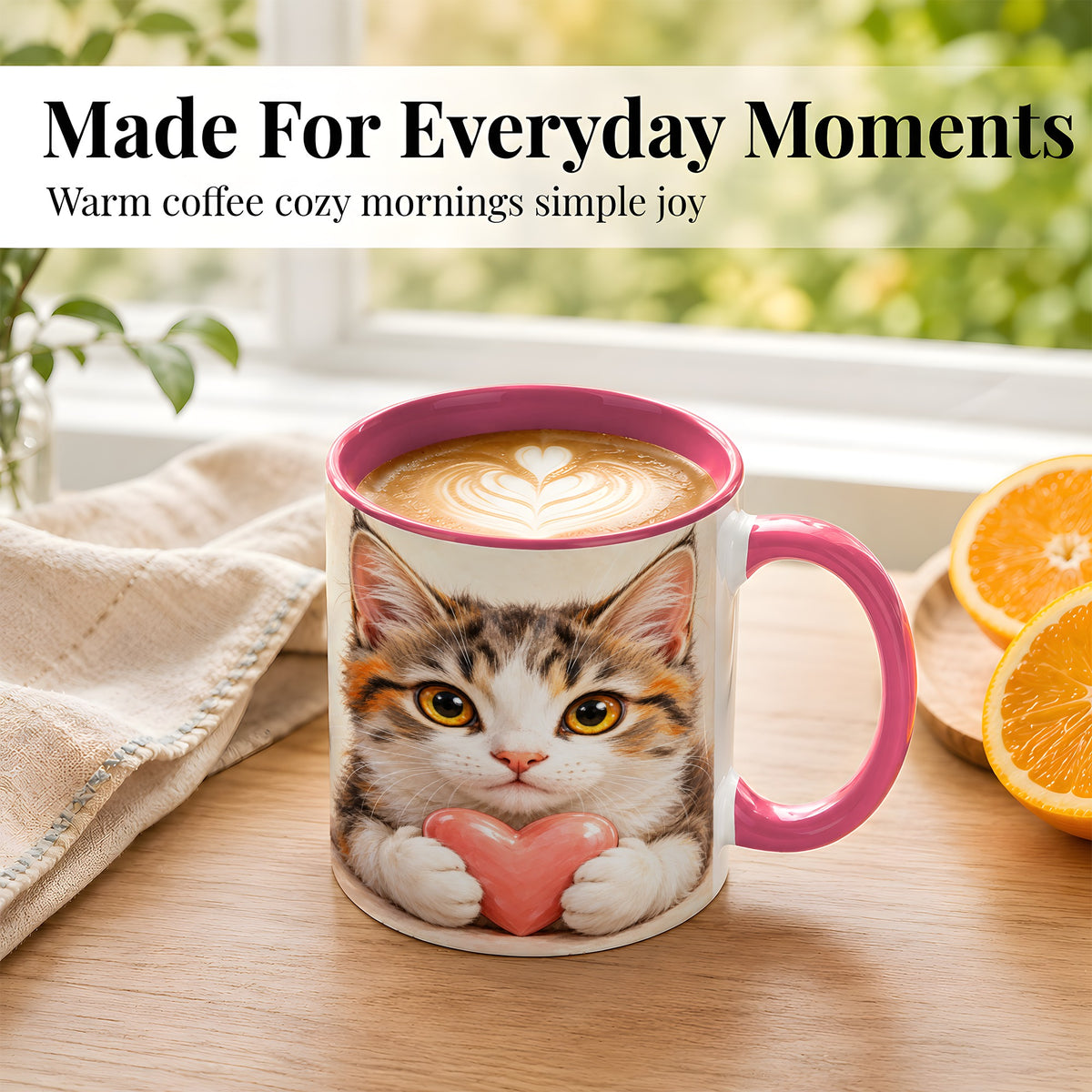 #pl[11oz|Pink] Fluffy Cat Coffee Mug, Calico Kitten Heart Mug, Ceramic Cup