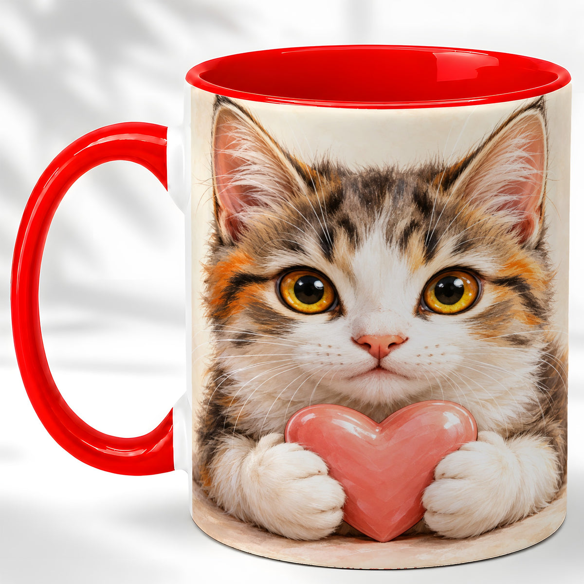 Fluffy Cat Coffee Mug, Calico Kitten Heart Mug, Ceramic Cup