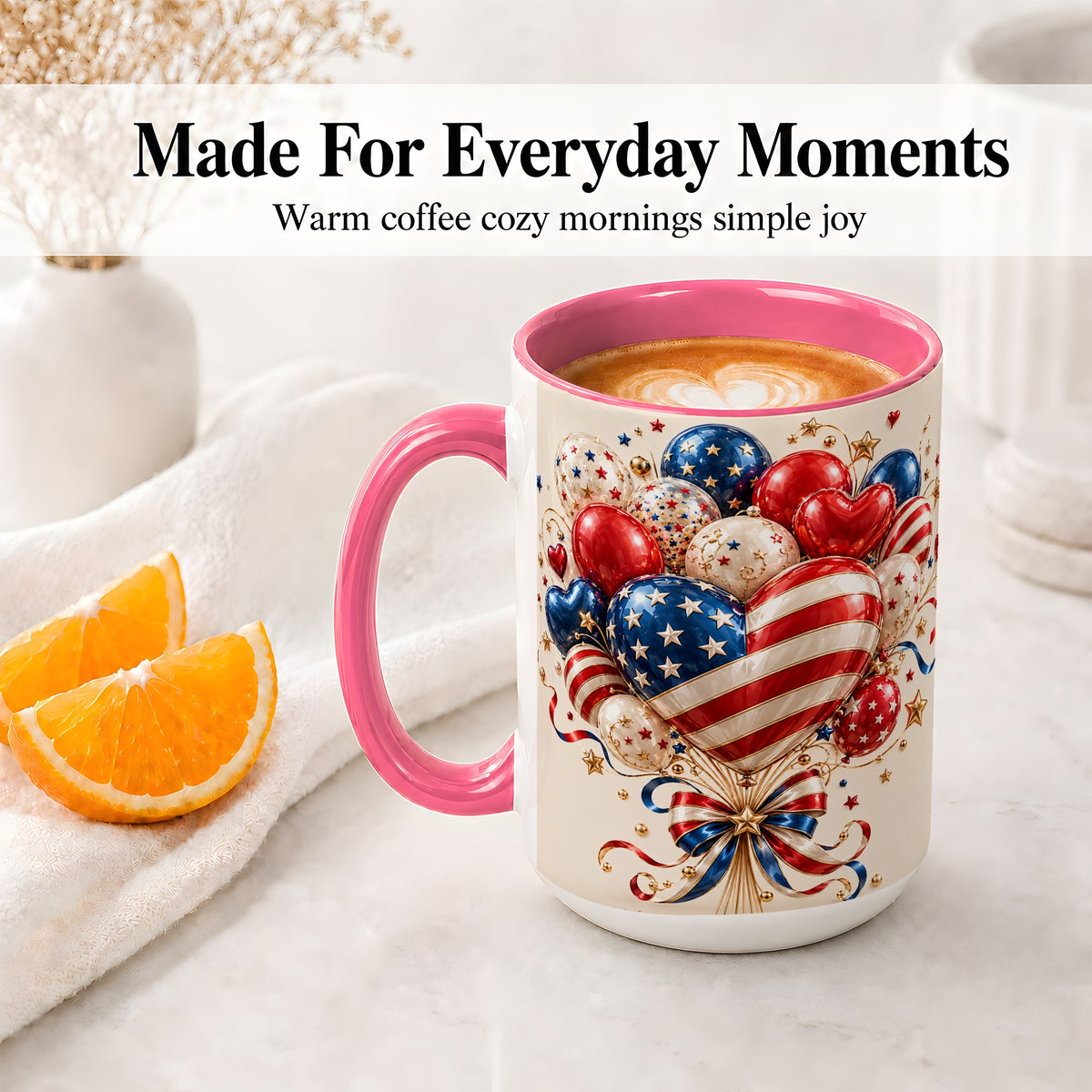 #pl[15oz|Pink] Patriotic Heart Balloon Bouquet Ceramic Mug for Celebration Decor