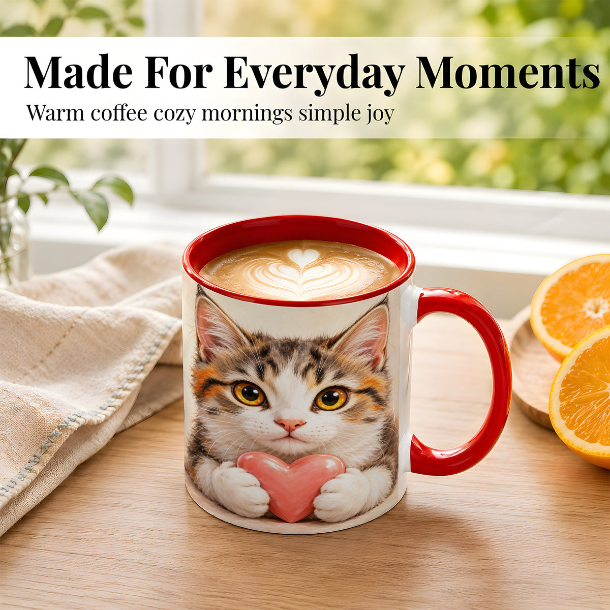 #pl[11oz|Red] Fluffy Cat Coffee Mug, Calico Kitten Heart Mug, Ceramic Cup