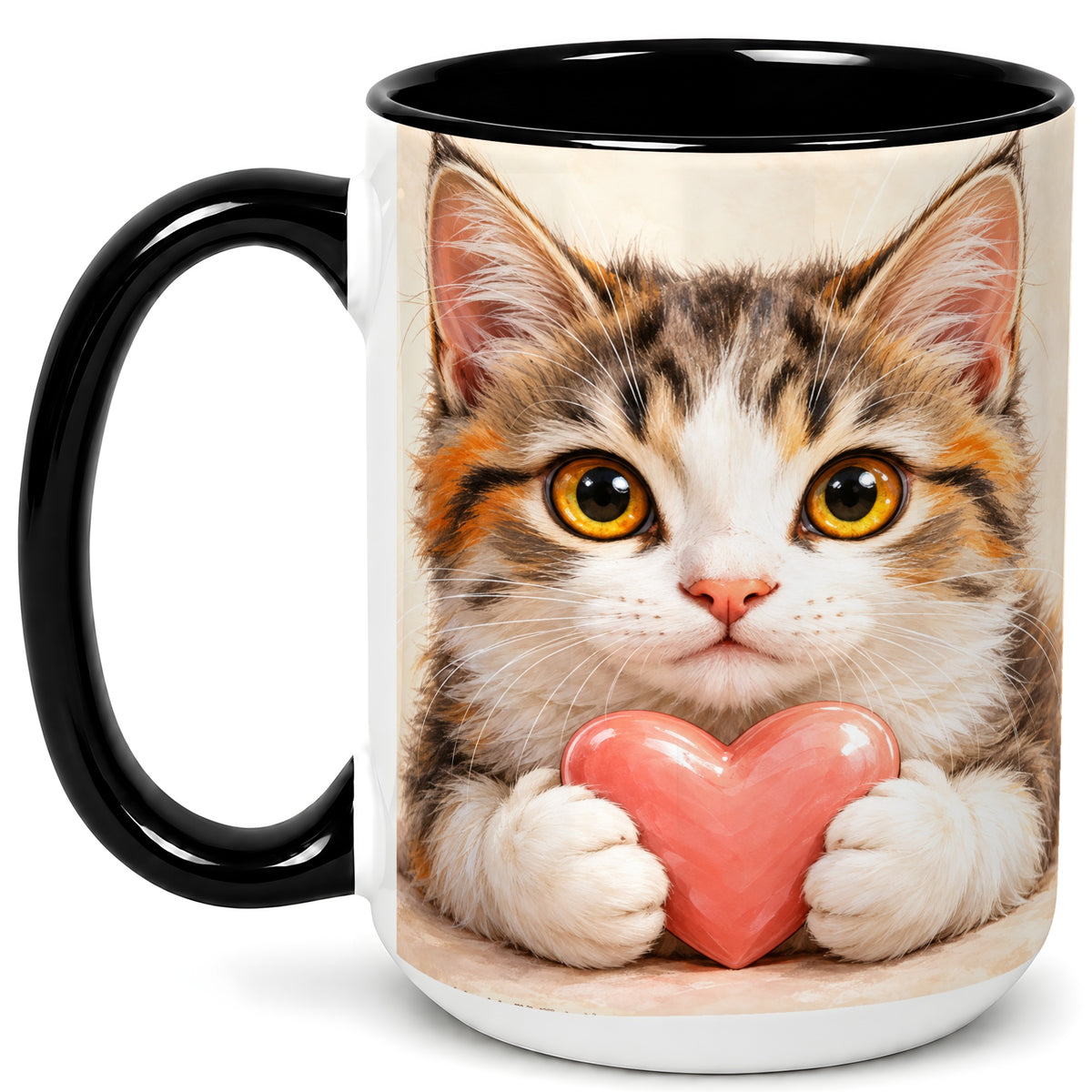 #pl[15oz|Black] Fluffy Cat Coffee Mug, Calico Kitten Heart Mug, Ceramic Cup