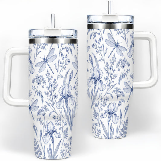 Vintage Blue Dragonfly Tumbler, 40oz Botanical Drinkware for Nature Lovers