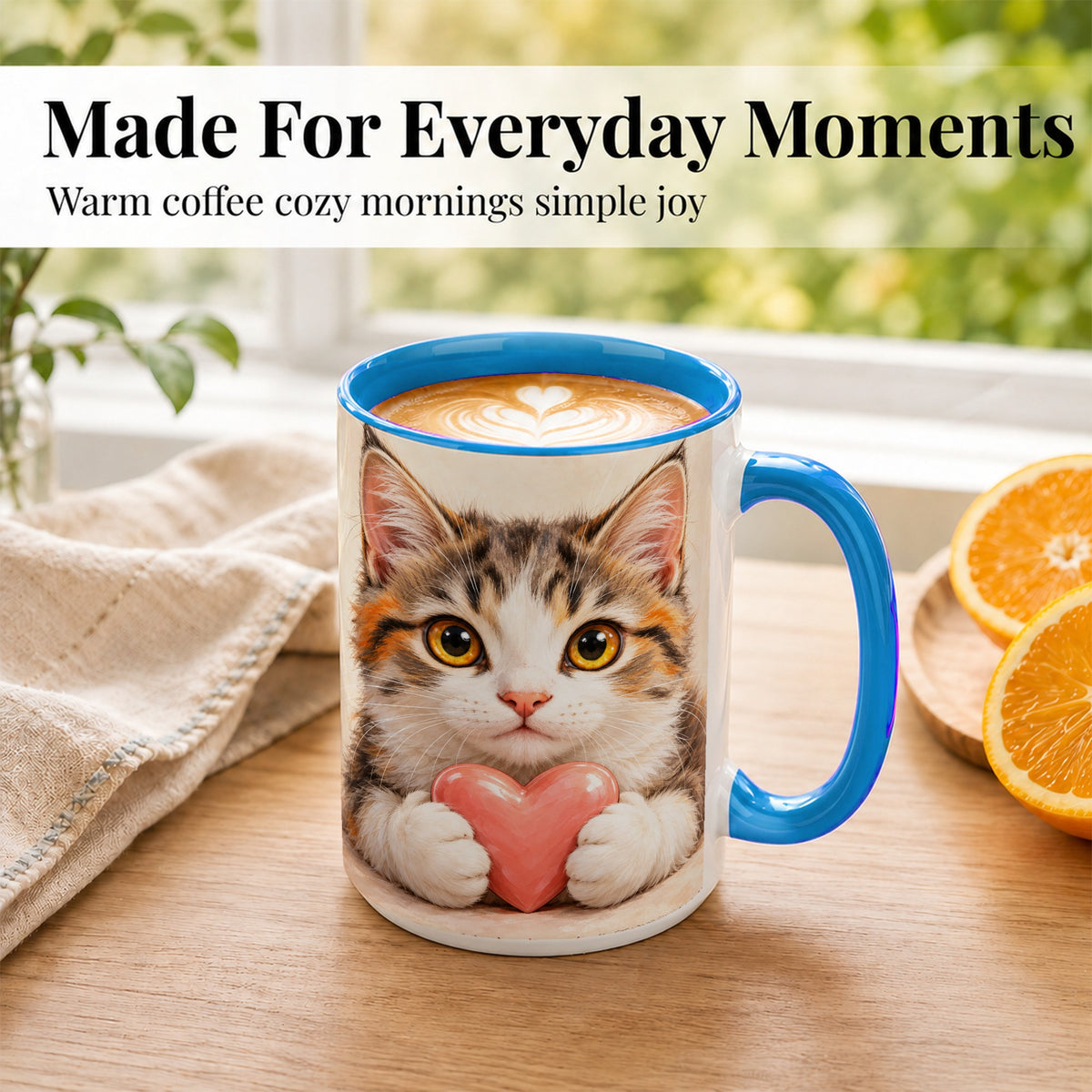 #pl[15oz|Blue] Fluffy Cat Coffee Mug, Calico Kitten Heart Mug, Ceramic Cup