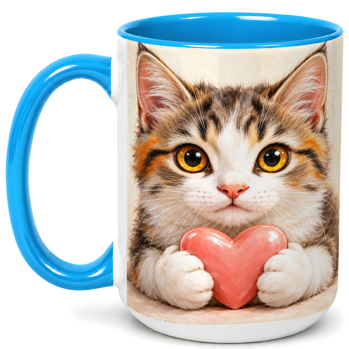 #pl[15oz|Blue] Fluffy Cat Coffee Mug, Calico Kitten Heart Mug, Ceramic Cup